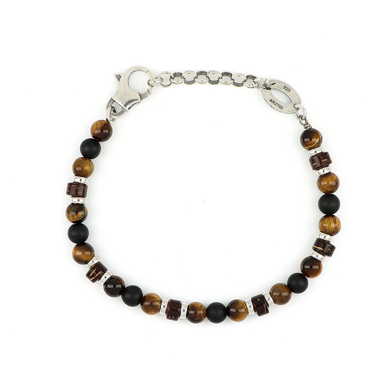 BRACCIALE ARGENTO ONICE, OCCHIO DI TIGRE E LEGNO